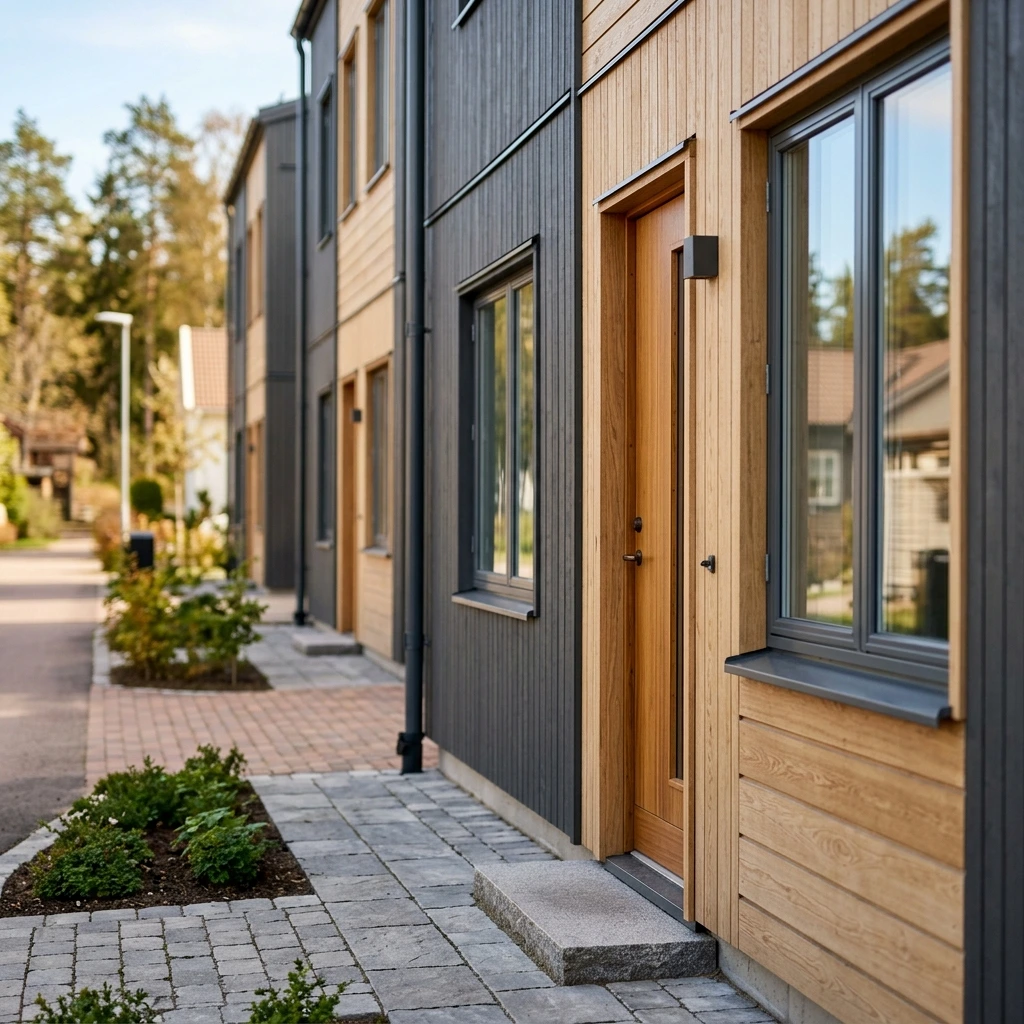 Moderna radhus med träfasad i grått och naturträ längs stensatt gångväg.