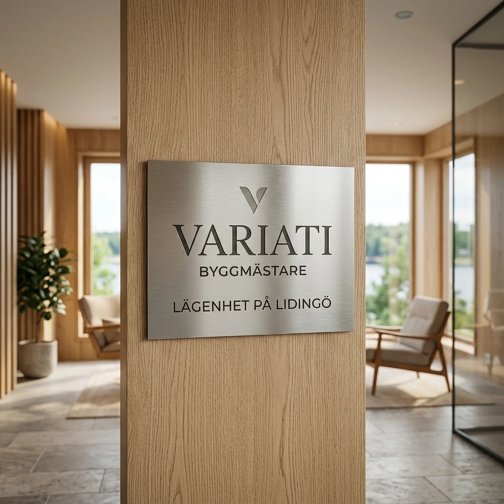 Metallskylt med texten "Variati Byggmästare – Lägenhet på Lidingö" på träpelare.