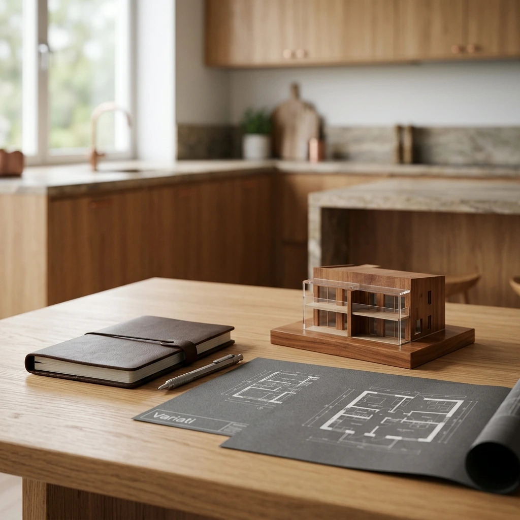 Arkitektonisk modell, ritningar och anteckningsbok på träbord i kök.