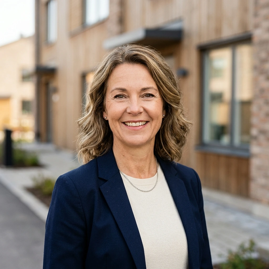 Leende kvinna i mörk kavaj framför moderna trähus utomhus.