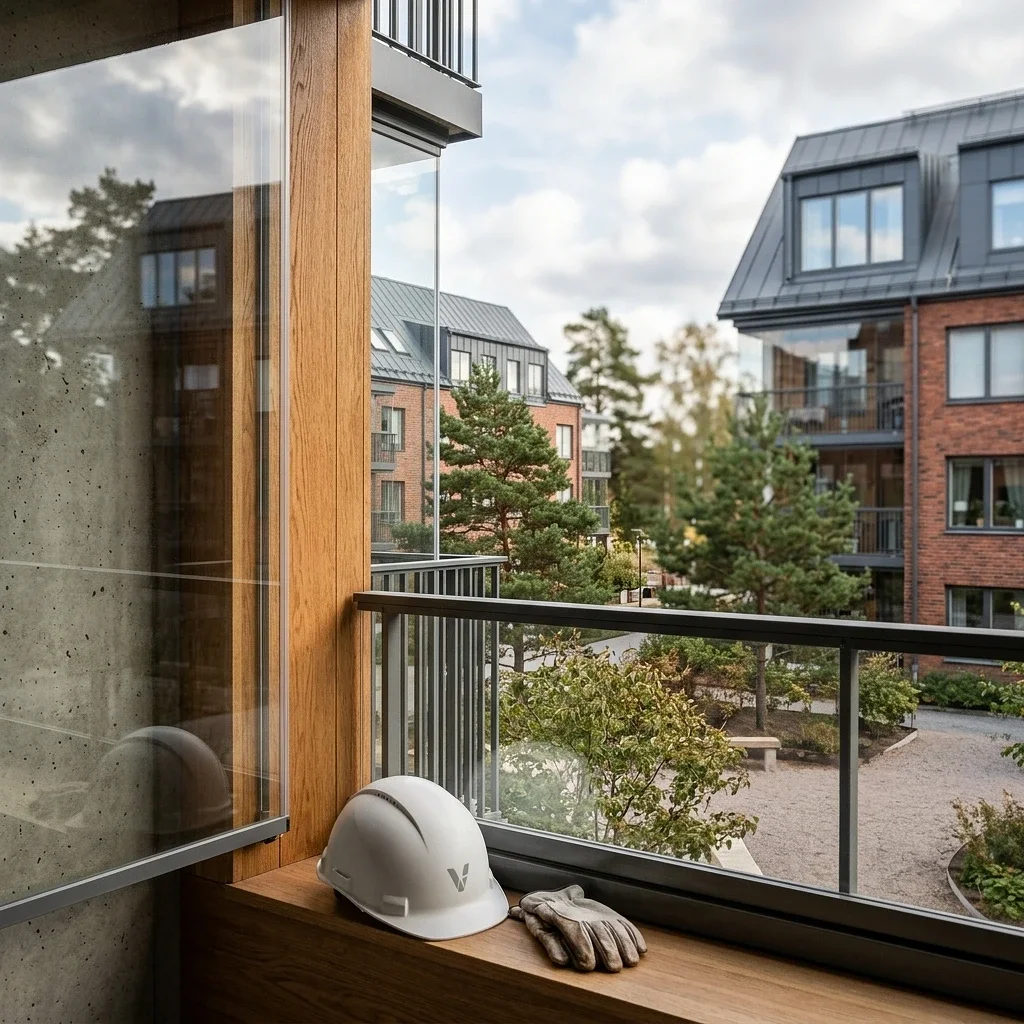 Bygghjälm och handskar på fönsterbräda med bostadsområde i bakgrunden.