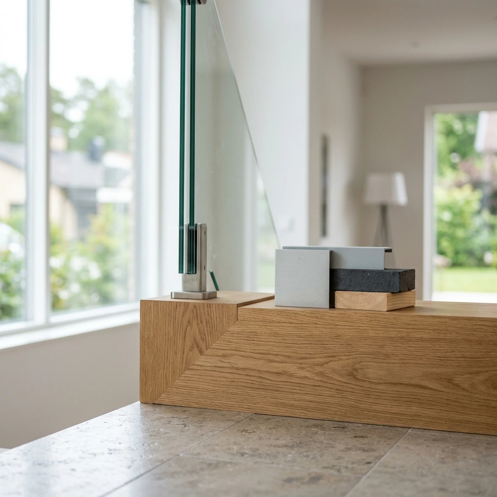 Modernt interiör med ekbänk, glasräcke och materialprover.