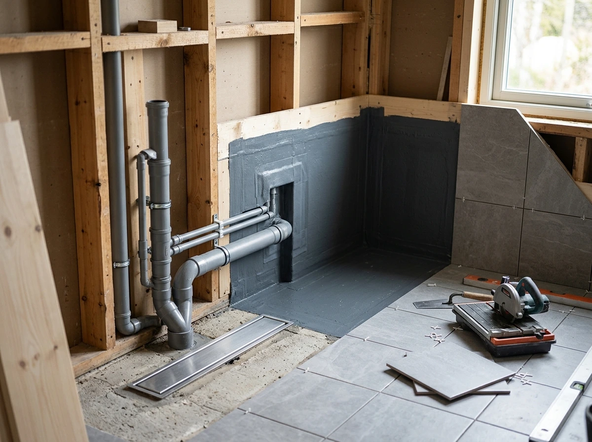 Badrumsrenovering med synliga rör, vattentätning och kakelskärare på golvet.