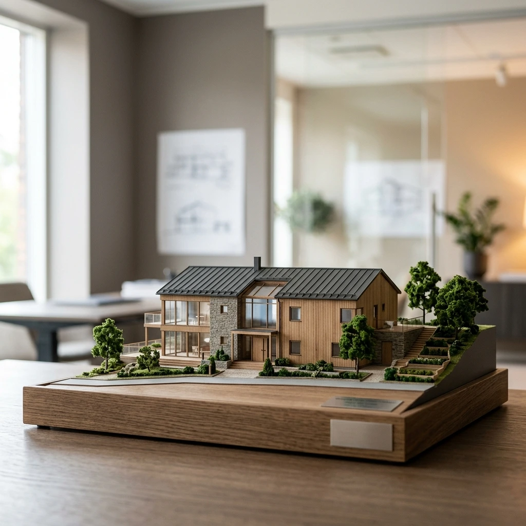Detaljerad arkitektonisk husmodell på träsockel i kontorsmiljö.